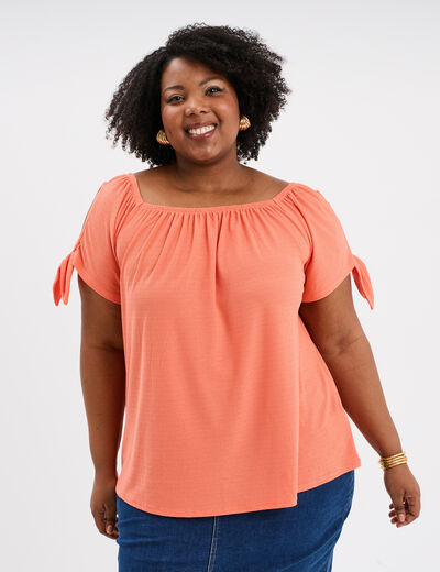 T-shirt manches ouvertes avec noeuds rose corail femme grande taille