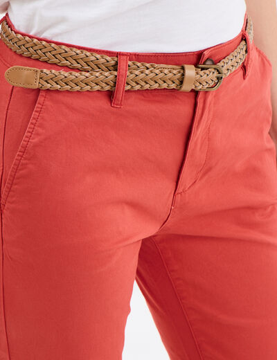 Pantalon chino 7/8ème ceinture tressée rouge corail femme
