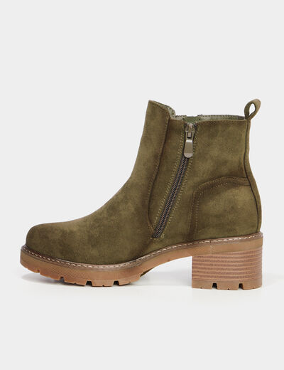 Bottines &agrave; talons effet daim zipp&eacute;es vert kaki femme