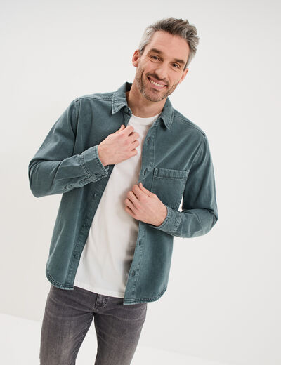 Surchemise en jean coton d&eacute;lav&eacute; vert fonc&eacute; homme