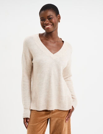 Pull droit ample col V fentes aux c&ocirc;t&eacute;s ecru femme