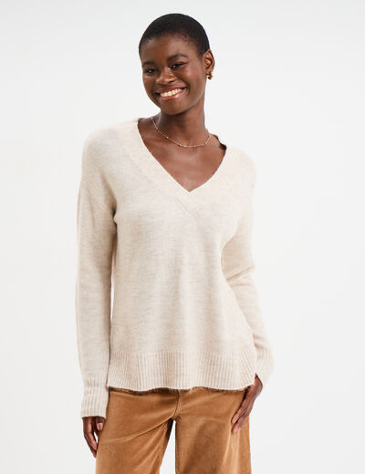 Pull droit ample col V fentes aux c&ocirc;t&eacute;s ecru femme