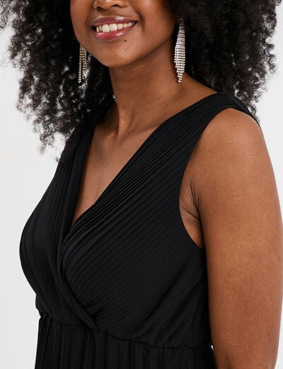 Robe longue plissée sans manches col V noir femme
