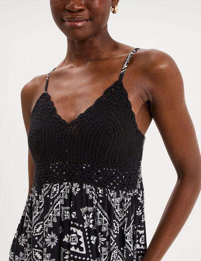 Robe longue buste effet crochet noir femme