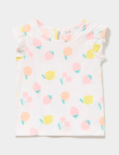 T-shirt relief&eacute; manches volants coton blanc b&eacute;b&eacute; fille