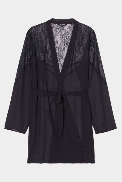 Déshabillé satin et dentelle noir femme