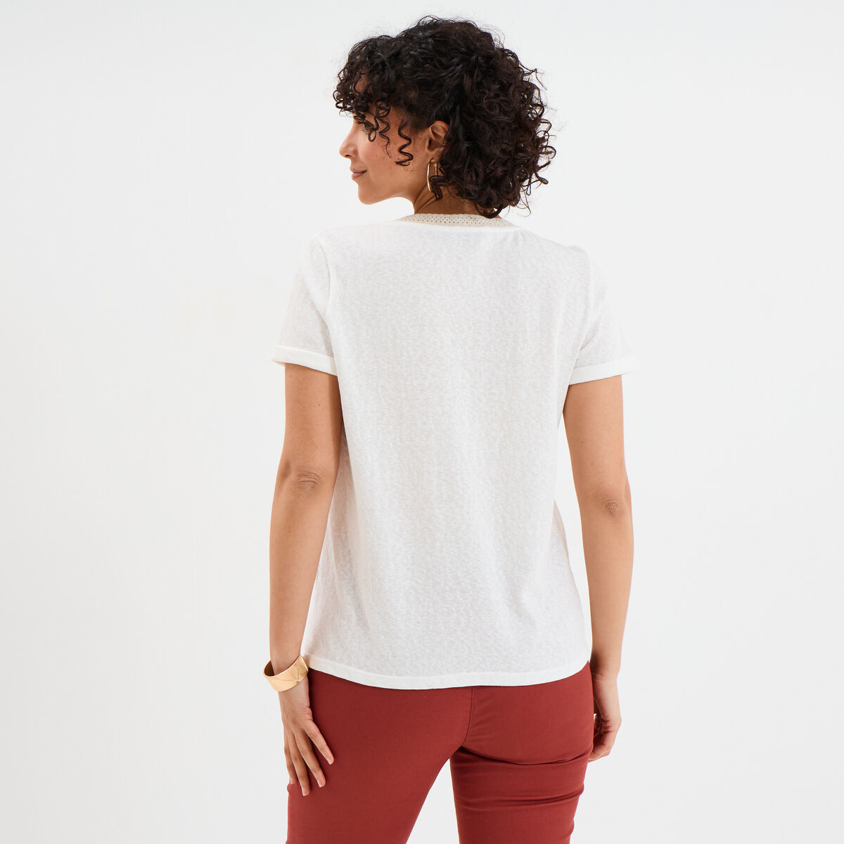 T-shirt col en V manches courtes blanc femme