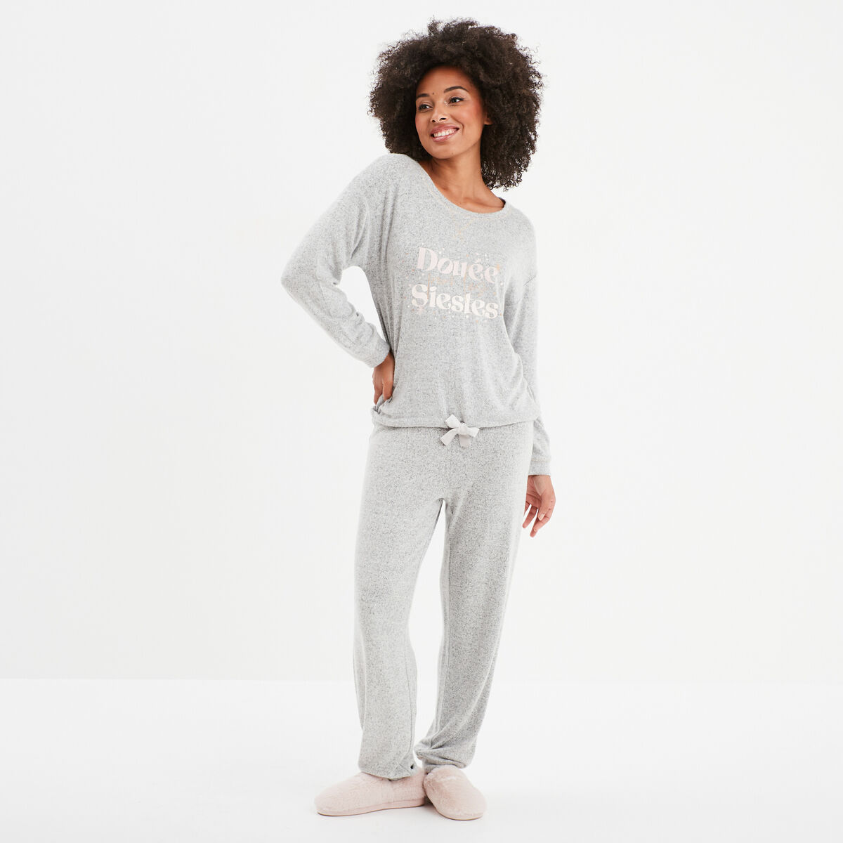 Ensemble pyjama pantalon fluide 2 pièces gris clair femme