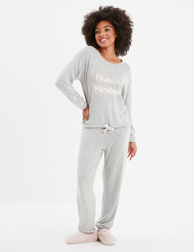 Ensemble pyjama pantalon fluide 2 pièces gris clair femme