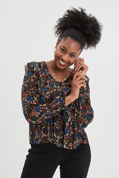 Blouse col en V à volants multicolore femme