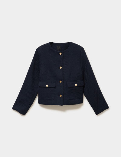 Veste effet tweed boutonn&eacute;e bleu fonc&eacute; femme
