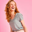 T-shirt col en V manches courtes bleu gris femme