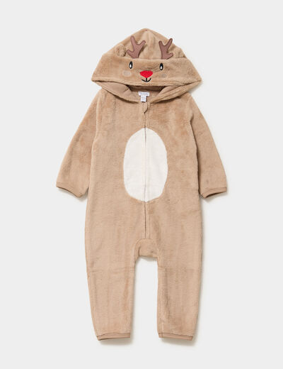 Pyjama No&euml;l effet velours &agrave; capuche taupe b&eacute;b&eacute;
