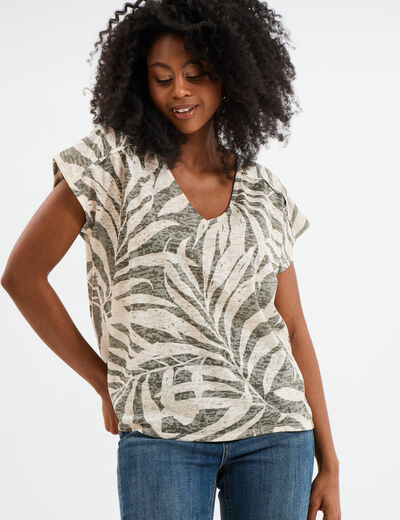 T-shirt col en V manches courtes vert kaki femme
