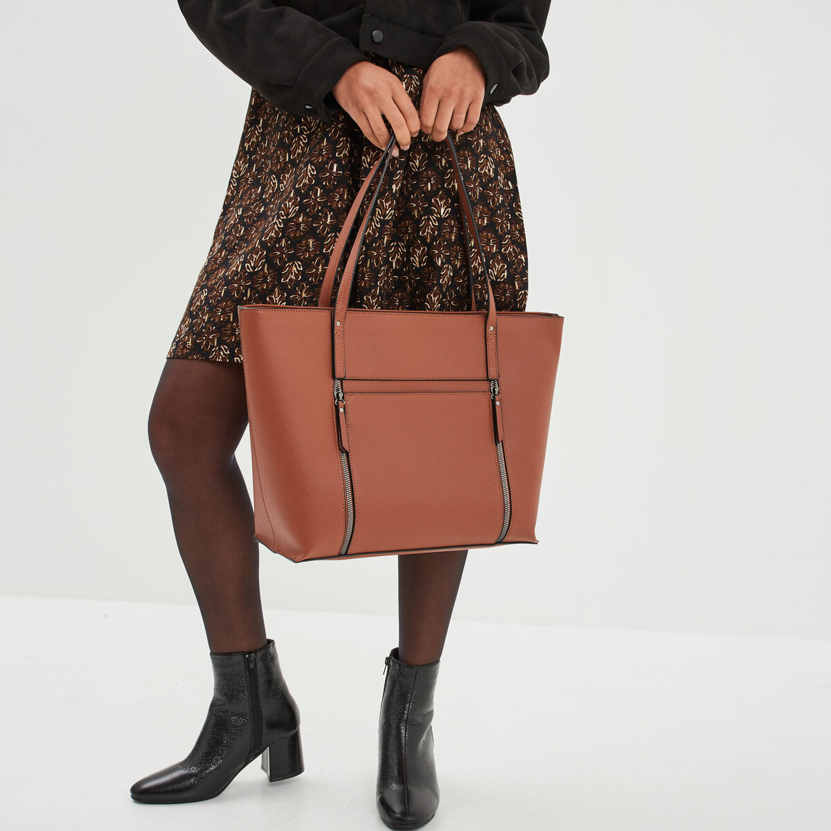 Sac cabas trapèze marron cognac femme