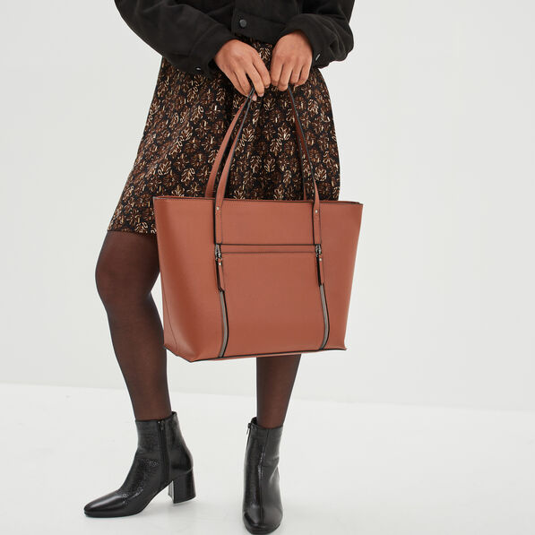 Sac cabas trapèze marron cognac femme