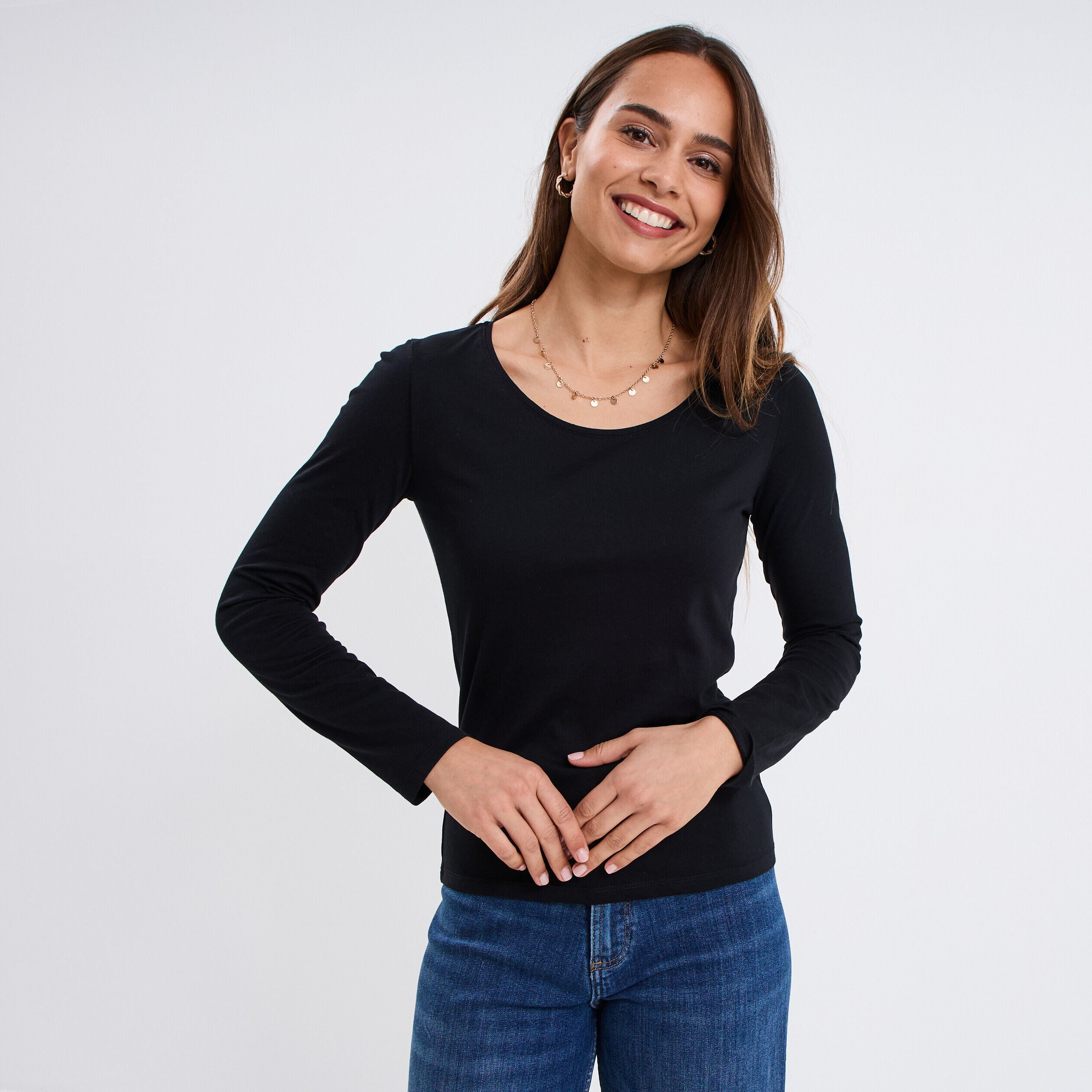 T-shirt coton col rond manches longues noir femme LH