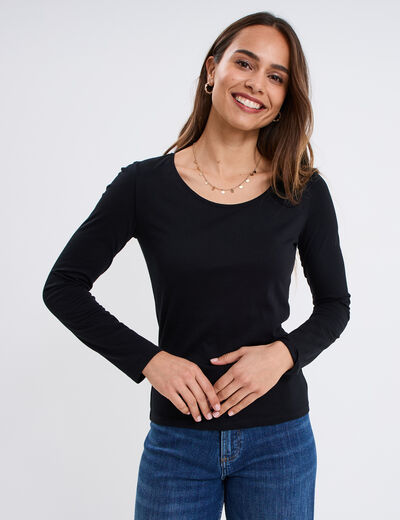 T-shirt coton col rond manches longues noir femme