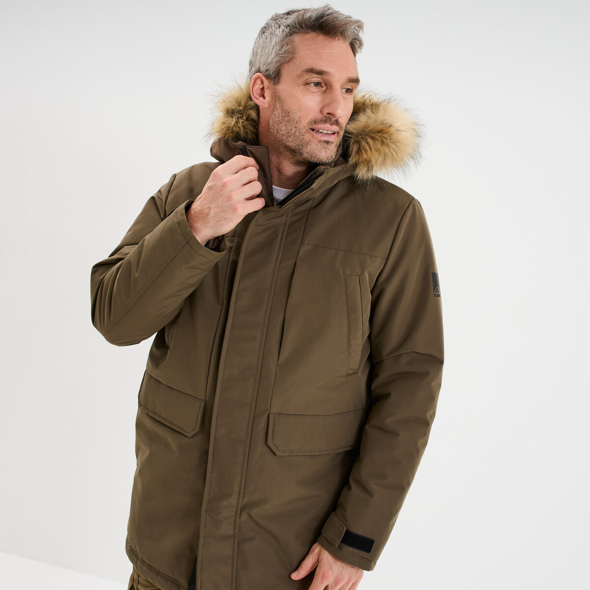 Parka &agrave; capuche fausse fourrure vert kaki homme