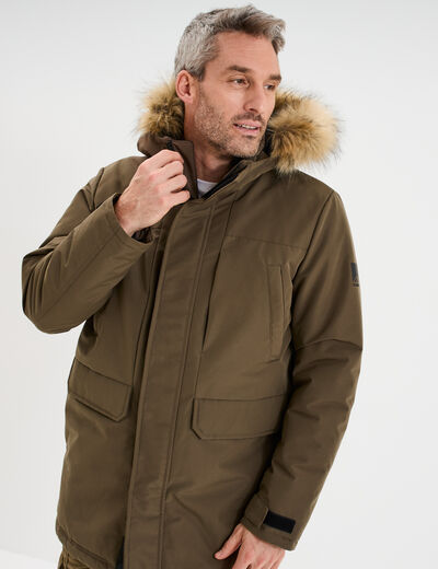 Parka &agrave; capuche fausse fourrure vert kaki homme