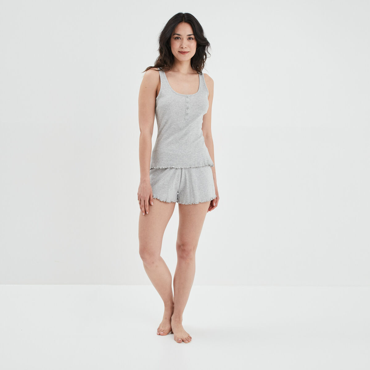 Haut de pyjama d&eacute;bardeur effet c&ocirc;tel&eacute; gris femme