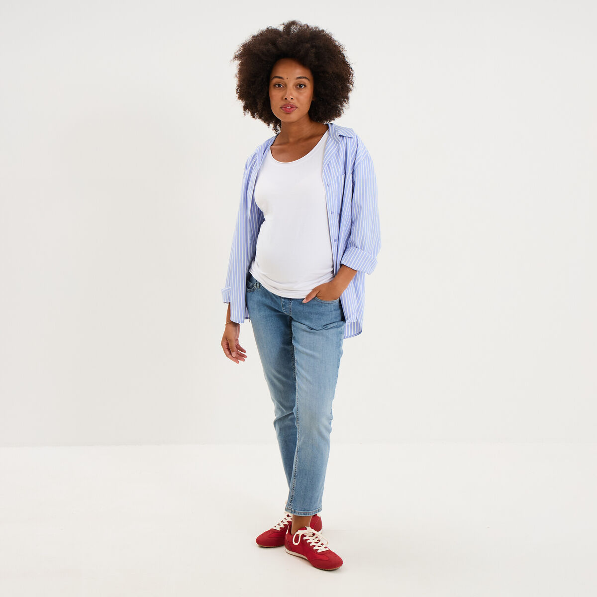 Jeans grossesse slim 7/8&egrave;me avec bandeau denim double stone femme maternit&eacute;