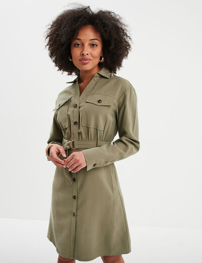 Robe chemise ceinturée vert kaki femme