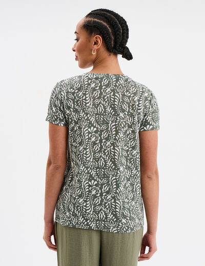 T-shirt col en V manches courtes vert kaki femme