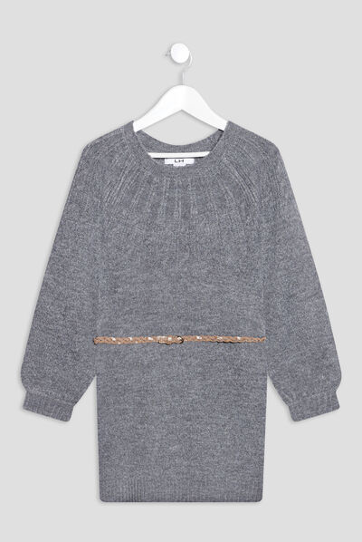 Robe pull droite ceinturée gris foncé fille