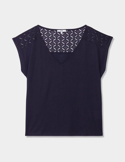 T-shirt col en V dentelle épaules et dos bleu foncé femme