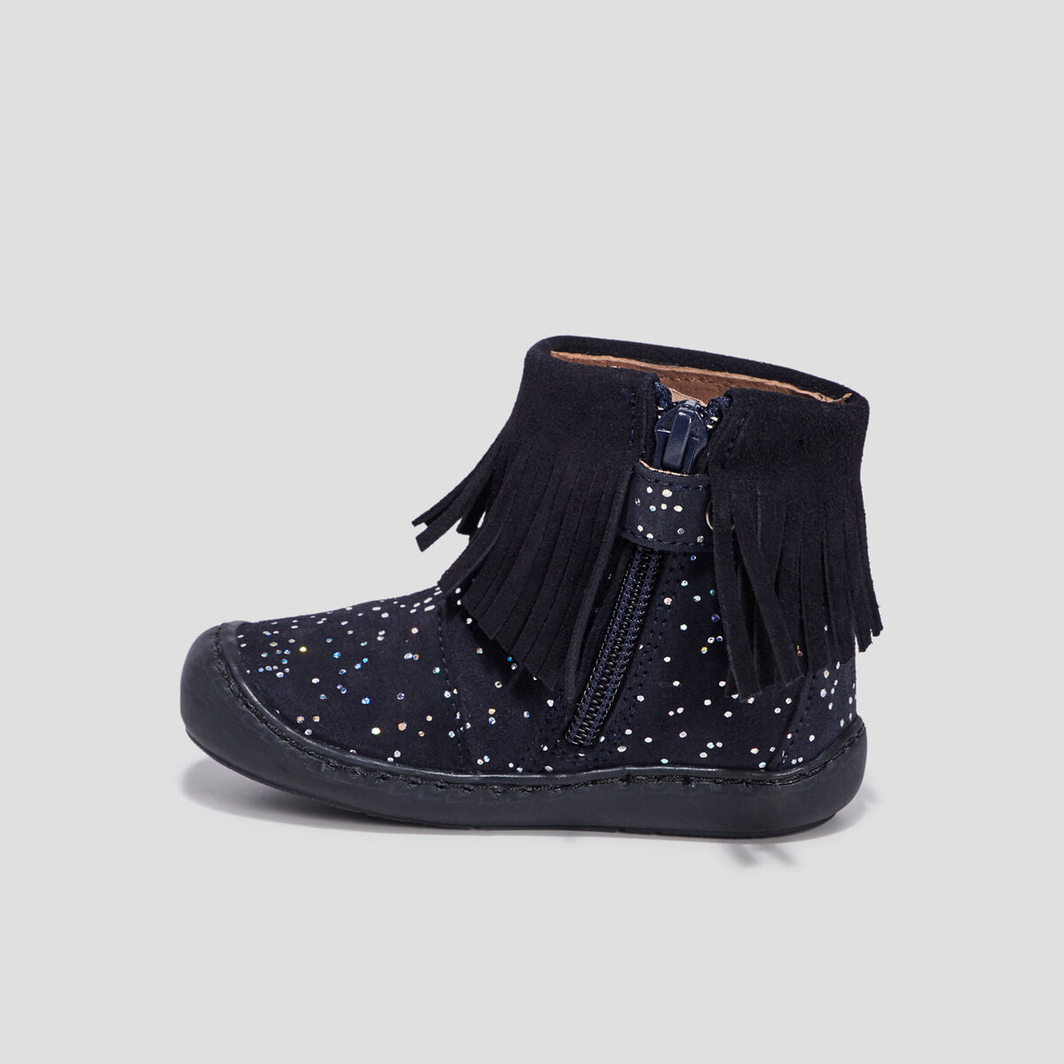 Bottines à franges en cuir bleu marine bébé fille