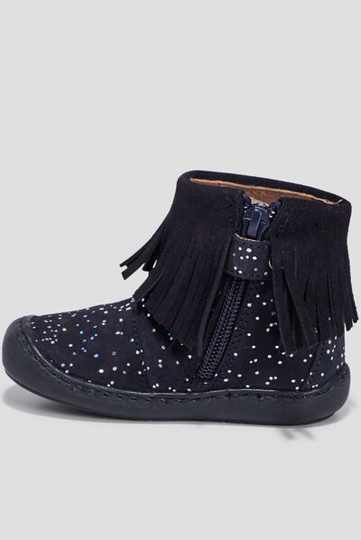 Bottines à franges en cuir bleu marine bébé fille