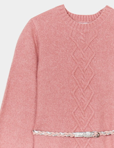 Robe pull courte avec ceinture tressée vieux rose fille