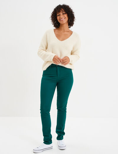 Pull col en V manches longues ecru femme