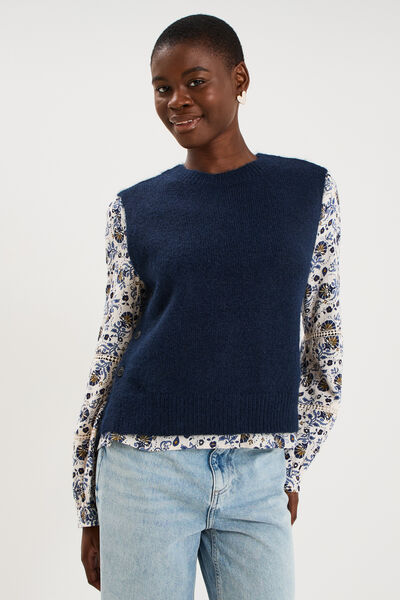 Pull col rond sans manches &agrave; boutons bleu fonc&eacute; femme