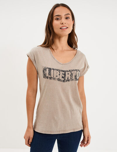T-shirt d&eacute;lav&eacute; en coton marron fonc&eacute; femme