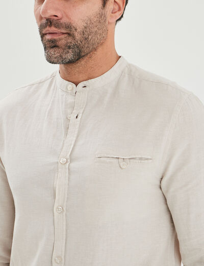 Chemise col mao lin mélangé gris clair homme