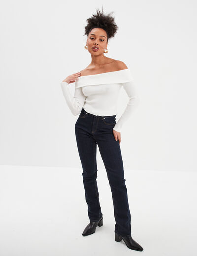 Pull côtelé col bardot manches longues blanc femme