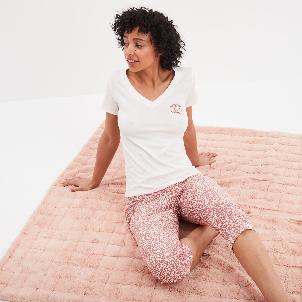 Ensemble pyjama corsaire 2 pièces blanc femme