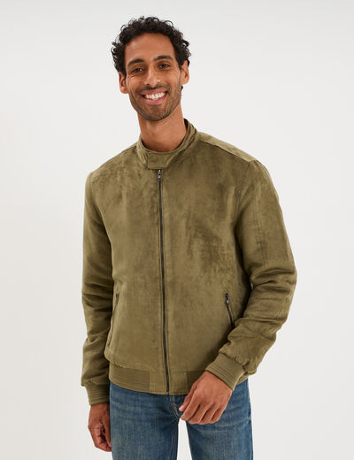 Blouson col biker en su&eacute;dine zipp&eacute; vert kaki homme