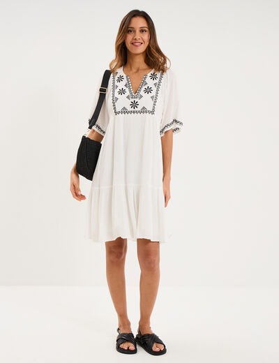 Robe fluide brod&eacute;e manches courtes blanc femme
