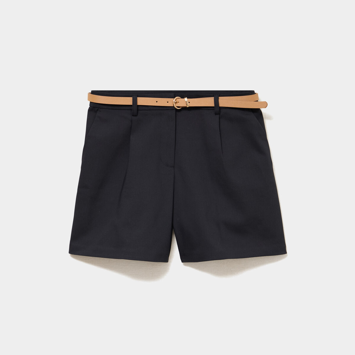 Short chino large taille haute ceintur&eacute; noir femme