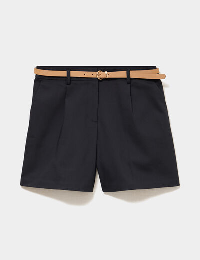 Short chino large taille haute ceintur&eacute; noir femme