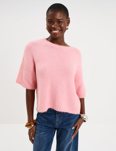 Pull col rond manches courtes rose femme