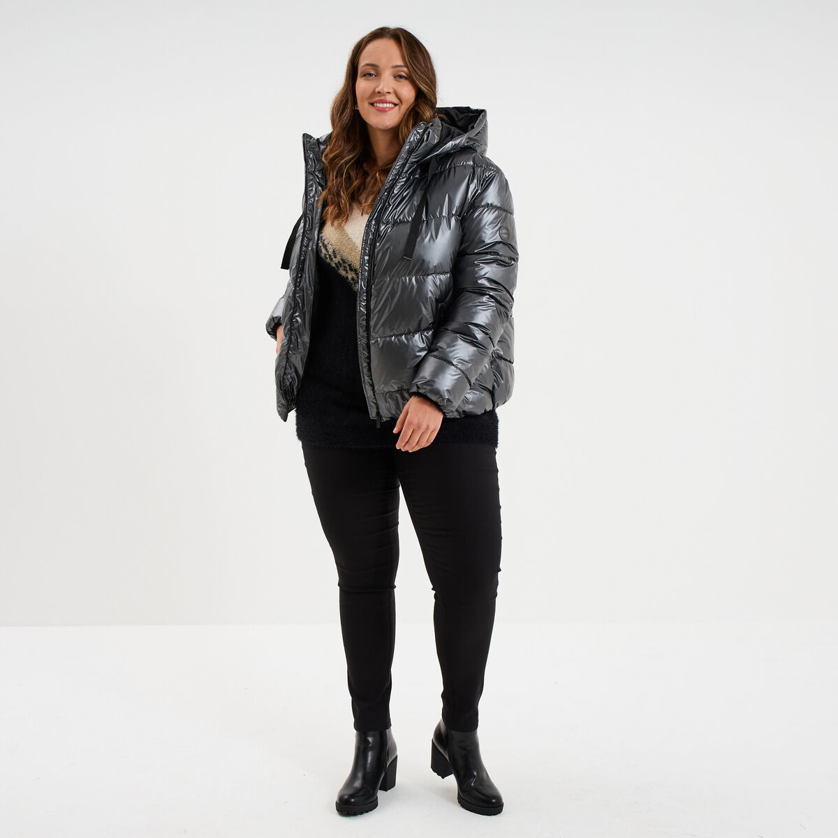 Doudoune &agrave; capuche effet simili cuir gris argent femme grande taille