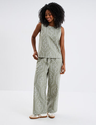 Blouse broderie anglaise sans manches vert clair femme