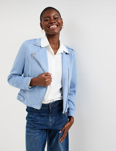 Veste courte esprit biker effet su&eacute;dine bleu gris femme