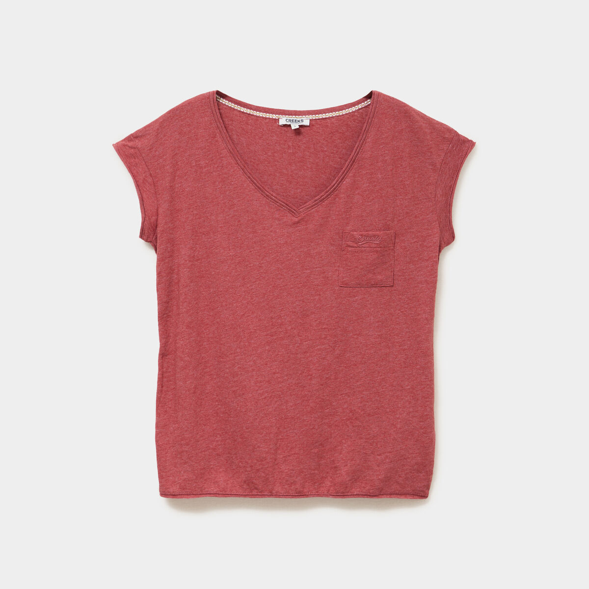 T-shirt col v poche poitrine rouge fonc&eacute; femme