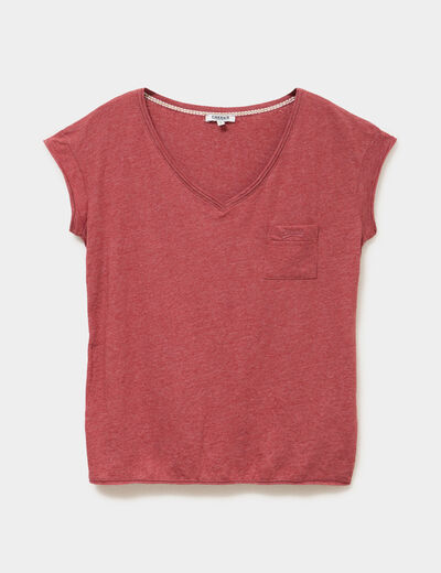 T-shirt col v poche poitrine rouge fonc&eacute; femme
