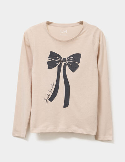 T-shirt col rond manches longues coton beige fille